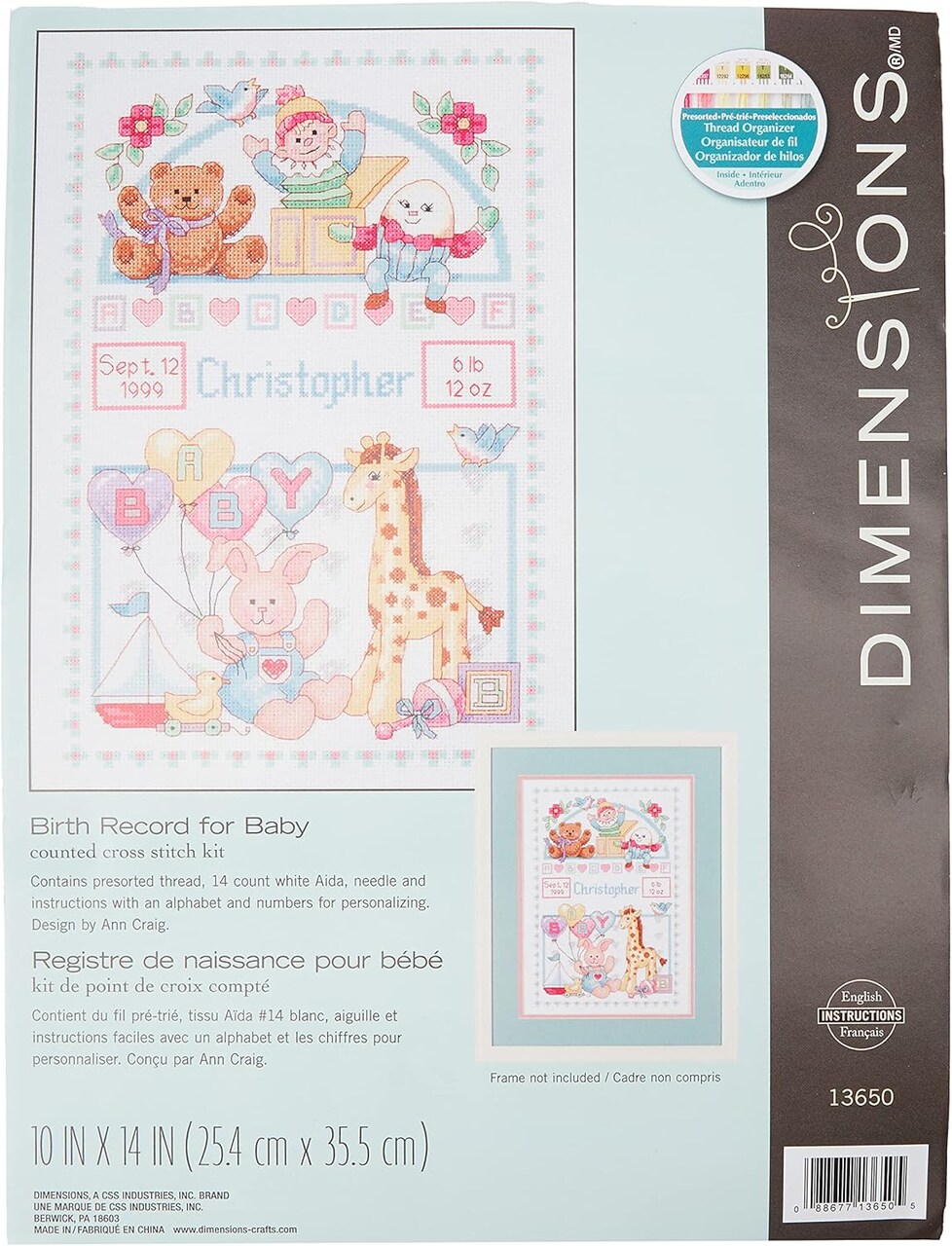 Personalized Baby Birth Record Counted Cross Stitch Kit – 14CT Aida, DIY Nursery Keepsake, 10×14 Inch